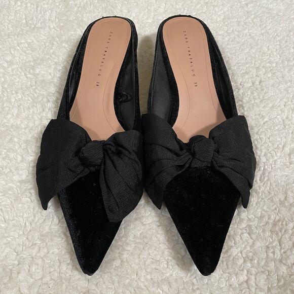 Zara Velvet Mules Black Pointed Toe Grosgrain Ribbon Bows Kitten Heels 38 7.5 - Picture 1 of 6